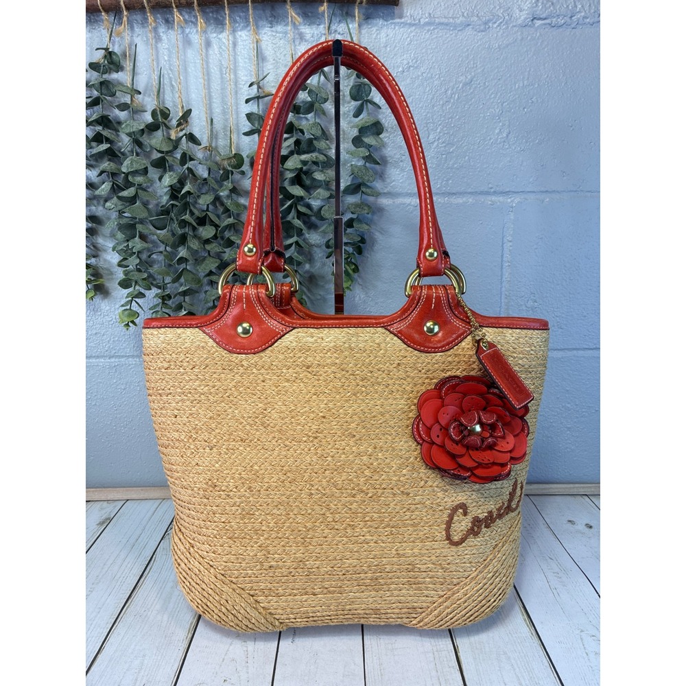 Coach Bleeker Straw Tote Bag Tan Orange Red Leather F13373 Shoulder Tea Rose
